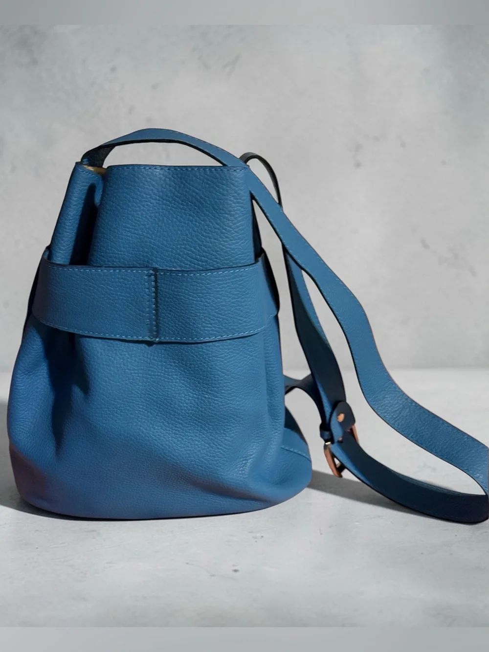 Leather Blue Crossbody Bucket Bag